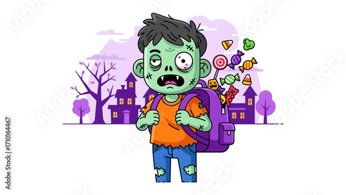 Zombie with treats illustration: A whimsical illustration presents a cute zombie with candy spilling out of a backpack. Perfect for Halloween or themes related to the undead and treats.