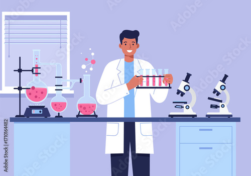 Man cartoon researcher scientist in the laboratory with test tubes doing research job