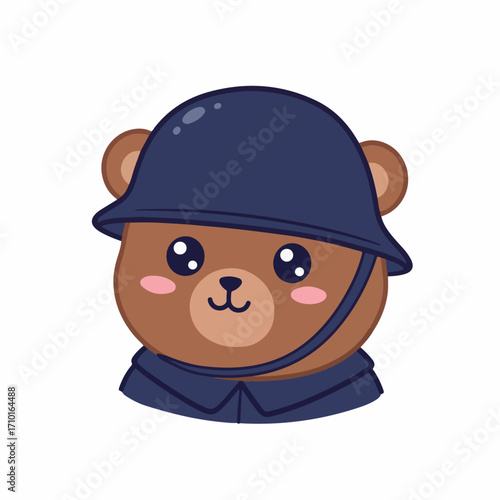 A cute cartoon bear wearing a dark blue military helmet and uniform, with rosy cheeks and big sparkling eyes.