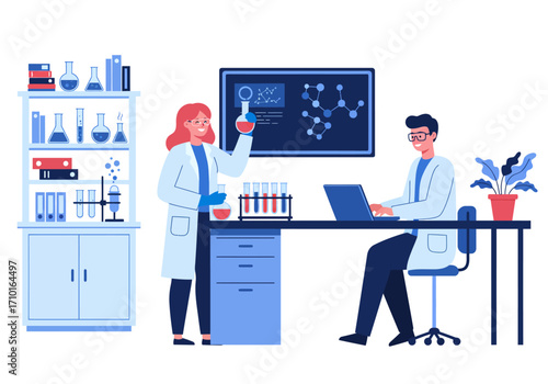 A cartoon illustration shows a female and male working on a laptop at her office desk, representing the concept of a person using technology for their occupation