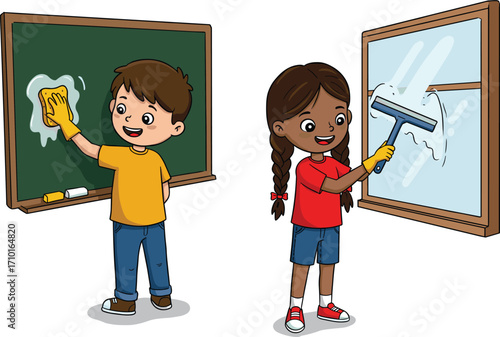 Cartoon children cleaning classroom, wiping chalkboard, washing window, teamwork, chores, sponge, squeegee, soap suds, hygiene, responsibility, fun, educational, cute, helpful