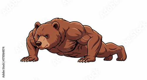 A muscular brown bear performing a push-up with a determined expression.