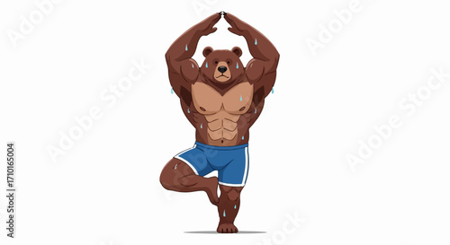 A muscular anthropomorphic bear in blue shorts performing a yoga tree pose with sweat glistening on its body.