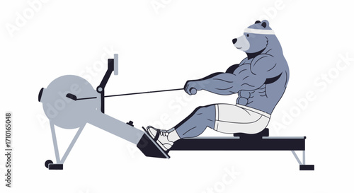 A muscular anthropomorphic bear with a headband is rowing on a rowing machine, showcasing strength and fitness.