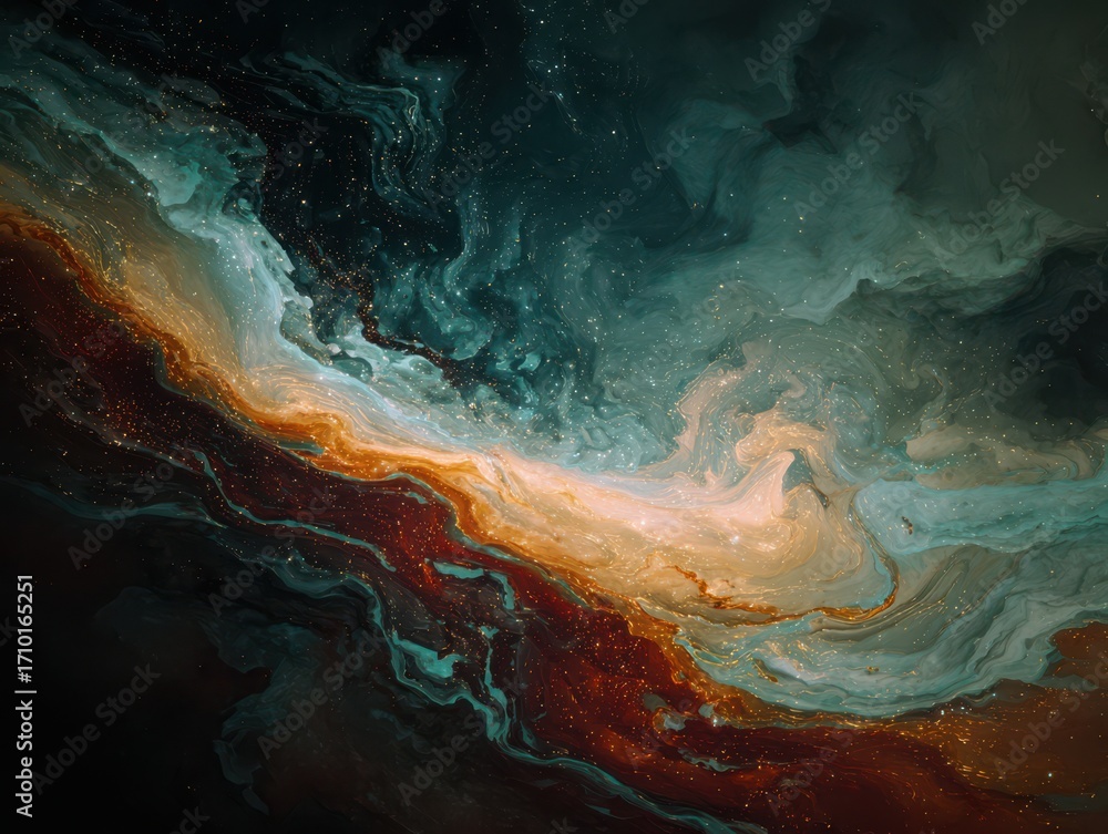 Naklejka premium Mesmerizing cosmic nebula swirls with glowing golden stardust creating an ethereal, awe-inspiring celestial panorama