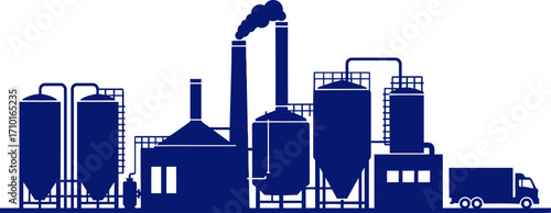 factory at dawn a navy blue silhouette of industrial production, isolated on transparent background