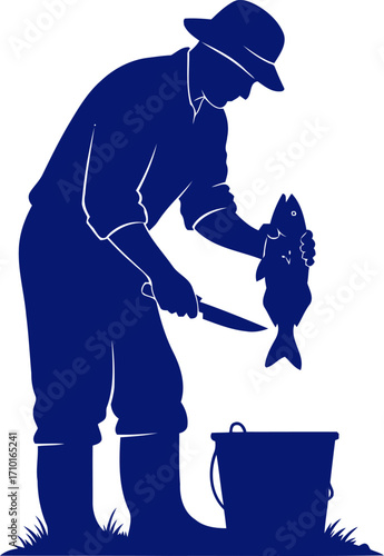 fishermans blue silhouette cleaning the daily catch, coastal life, and fresh seafood, isolated on transparent background
