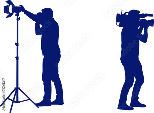 filmmaking duo cinematographer and gaffer silhouette in navy blue, isolated on transparent background