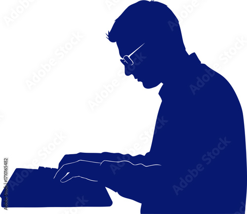focused programmer midnight coding, blue silhouette, digital innovation, isolated on transparent background