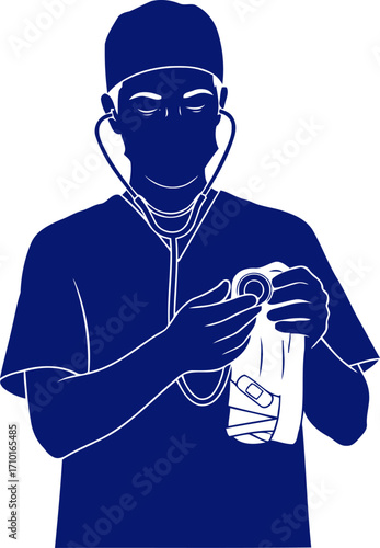 focused surgeon preparing for procedure blue silhouette, medical precision, isolated on transparent background