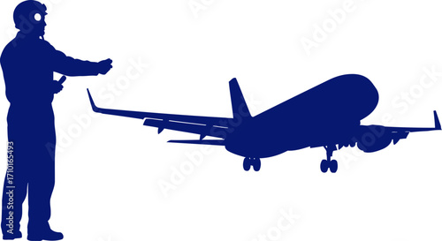 ground crew guiding airplane ensuring safe landing, isolated on transparent background