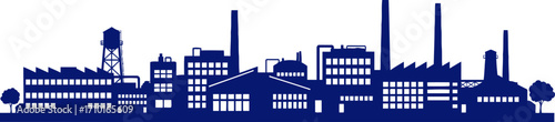 majestic industrial skyline a navy blue silhouette of a thriving factory city, isolated on transparent background
