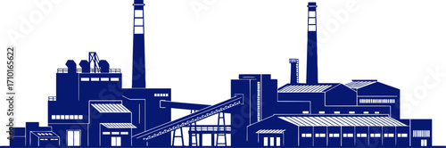 majestic industrial complex a navy blue silhouette of a factory at dawn, isolated on transparent background