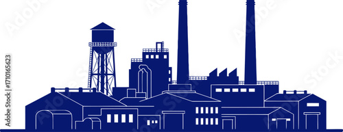 majestic industrial skyline a navy blue silhouette of a thriving factory complex, isolated on transparent background