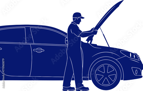 mechanics blue silhouette under the hood, automotive expertise, isolated on transparent background