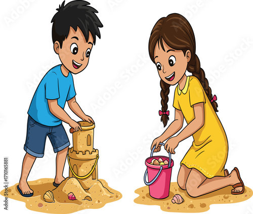 Children building sandcastles and collecting shells on beach with buckets, summer playtime, outdoor fun, cartoon vector illustration for education