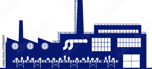 midnight blue factory silhouette conveyor belt of dreams, industrial nocturne, isolated on transparent background