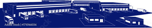 midnight blue logistics distribution center silhouette, trucks loading, isolated on transparent background