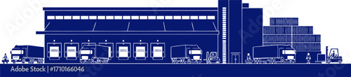 midnight blue logistics distribution center silhouette, cargo trucks, and global trade, isolated on transparent background