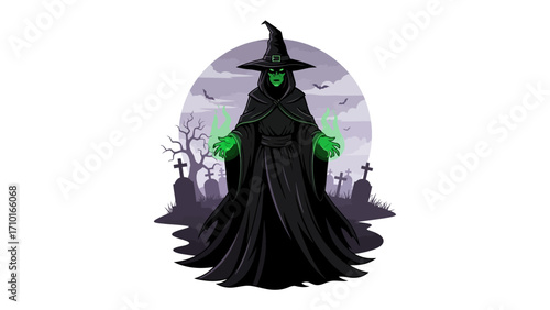 Enchanting Witch Amidst Spooky Graveyard: A spectral witch, robed in an ominous cloak and a tall hat, materializes amidst a haunting graveyard scene, emanating an aura of mystery and dark magic.