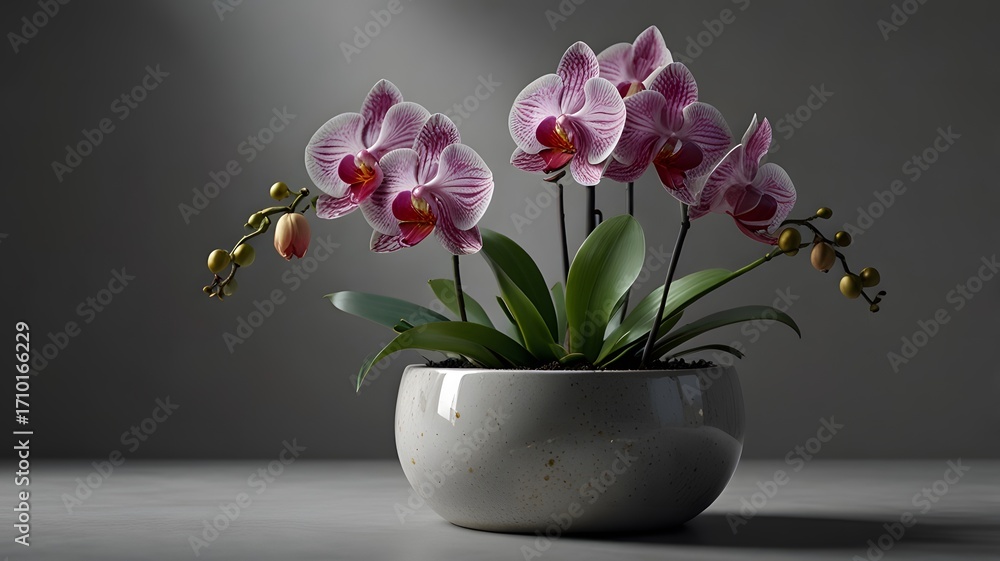 Obraz premium An elegant pink Phalaenopsis, the Indonesian national flower known as Anggrek Bulan, is beautifully potted in a ceramic planter and displayed as a luxury houseplant. Spa and wellness decoration concep