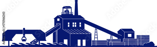 mighty mill a navy blue silhouette of industrial strength and lumber production, isolated on transparent background
