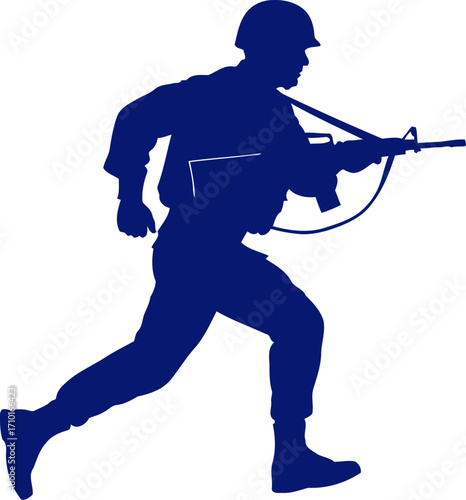 navy blue silhouette a soldiers determined run through combat, isolated on transparent background