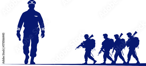 navy blue silhouettes officer leading determined soldiers, isolated on transparent background