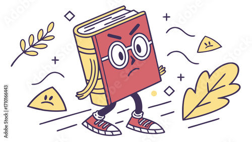Annoyed Book Character in Sneakers Running with Leaves