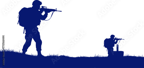 navy blue silhouettes soldiers on vigil, strategic defense, isolated on transparent background