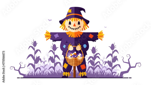 Harvest Sentinel: A whimsically illustrated scarecrow stands guard in a bountiful harvest scene, embodying the festive spirit of autumn and rural traditions.