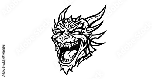 Vector illustration of a wicked laughing dragon demon head, an aggressive mythical monster mascot with sharp fangs