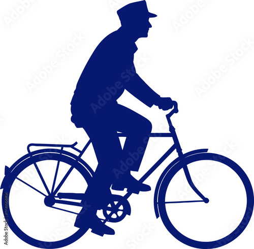 postman on bicycle classic delivery, blue silhouette, urban commute, isolated on transparent background