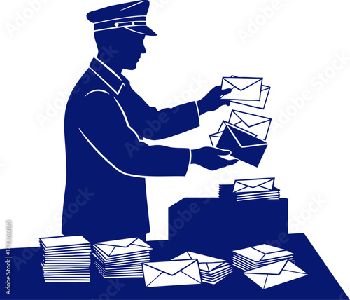 postman sorting mail blue silhouette, diligent service, timely delivery, isolated on transparent background