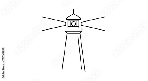 Lighthouse beacon icon with shining light beams, simple line art vector illustration for navigation and maritime safety