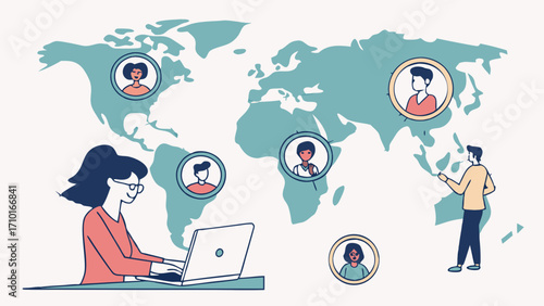 Global Teamwork Woman on Laptop Connected to Diverse Team Across the World Map