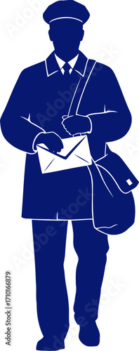 postmans blue silhouette delivering news, connecting lives, isolated on transparent background