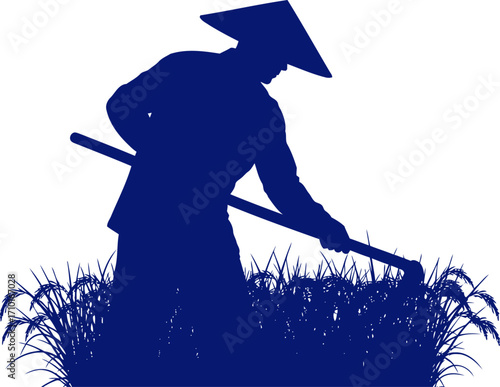 rice farmers silhouette asian countryside, agriculture, and manual labor, isolated on transparent background