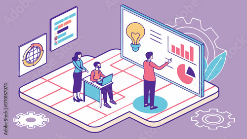 Isometric Illustration of Business Team Analyzing Data and Ideas