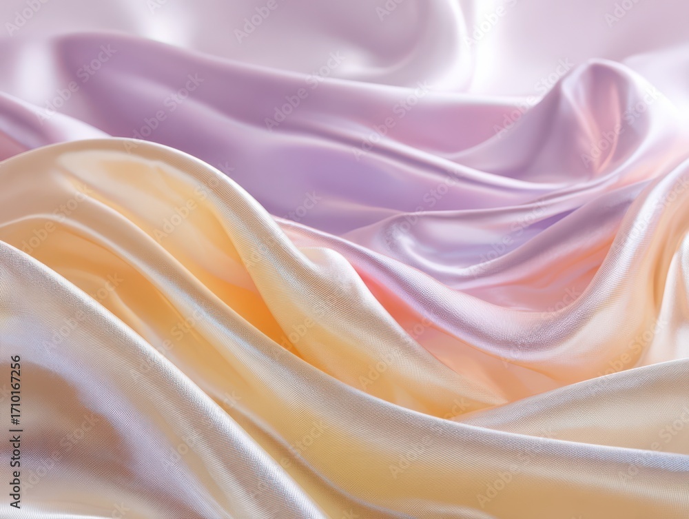 Fototapeta premium Luxurious draped satin fabric in soft pastel hues, creating an elegant, flowing, and serene visual for sophisticated designs and premium aesthetics.