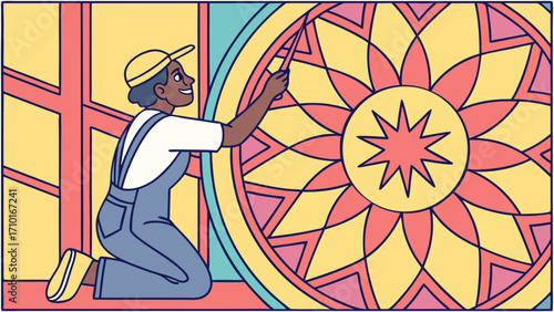 Joyful Craftswoman Installing Vibrant Mandala Window