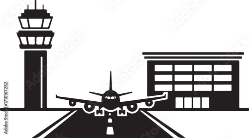 Vector art of a black and white illustration of an airport with a plane taking off