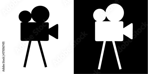 Movie Camera Icon – Black and White Classic Cinema Symbol Vector for Filmmaking and Video Production