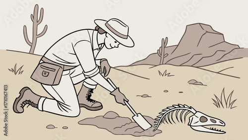 Paleontologist Carefully Excavating Desert Fossil