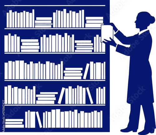 silhouette of a librarian organizing knowledge, a navy blue icon, isolated on transparent background