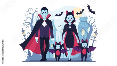 Vampire Family in Festive Spirit: An illustration of a stylish vampire family, featuring a dashing vampire father, a glamorous vampire mother, and adorable children dressed as bats.