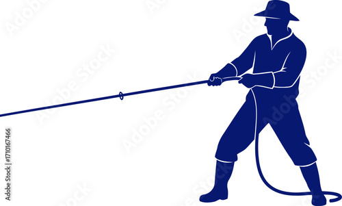 silhouette of a determined fisherman pulling in the net, a days hard work, isolated on transparent background