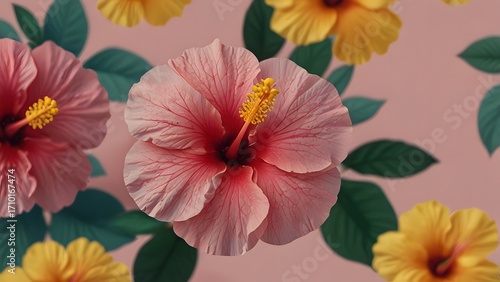A single, perfect pink hibiscus flower, a tropical bloom known as Kembang Sepatu with a prominent yellow stamen, is isolated against a soft-focus background. Tropical spa and wellness concept