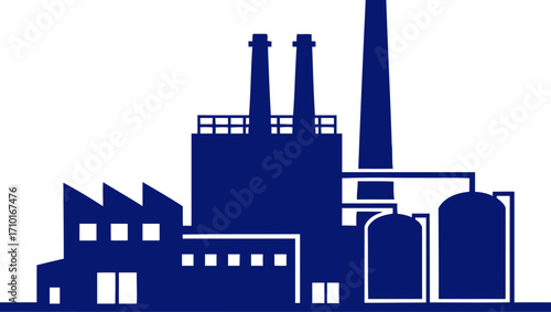 silhouette of a mighty factory navy blue industrial powerhouse, isolated on transparent background