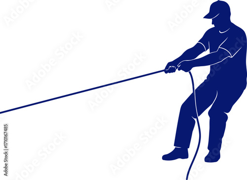 silhouette of a determined worker pulling a heavy rope strength, effort, and perseverance, isolated on transparent background